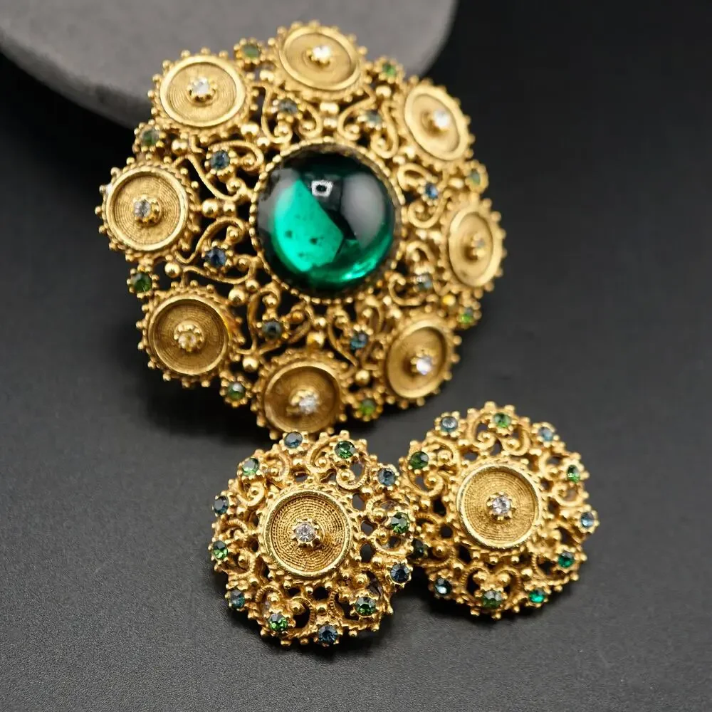 Vintage Florenza Demi Parue Brooch Earrings Green Cabochon Victorian Revival Set